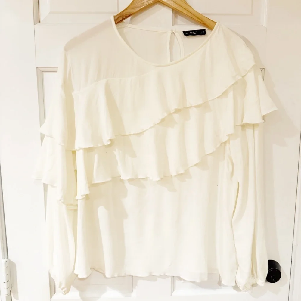 F&F WHITE RUFFLE Blouse Size 10 - Picture 1 of 10